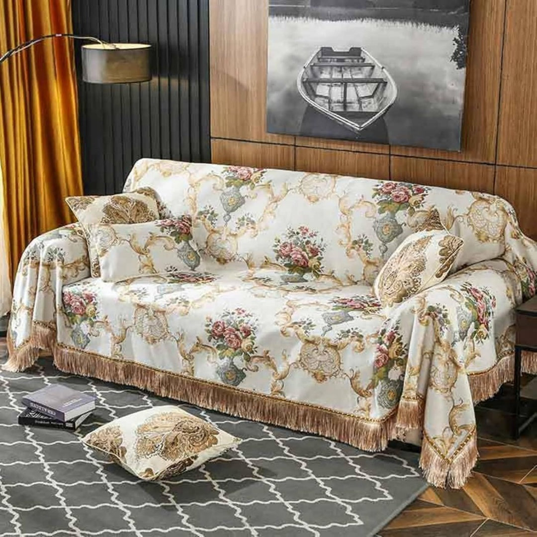 Copridivano beige con motivo floreale multicolore