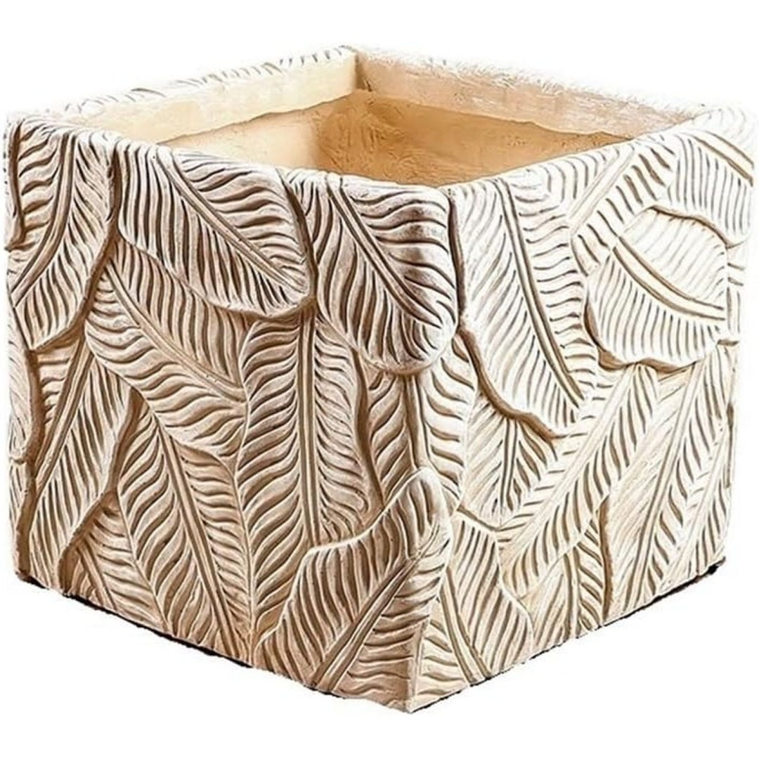 Vaso quadrato beige con motivo a foglie